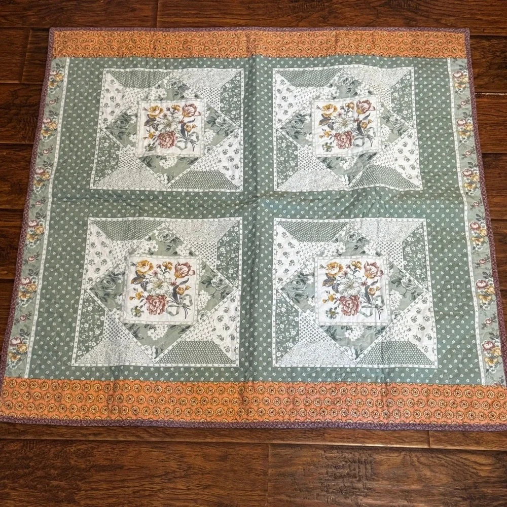 Vintage Patchwork Baby Quilt Blanket Floral Cottage Green Pink 39x41 Nursery
